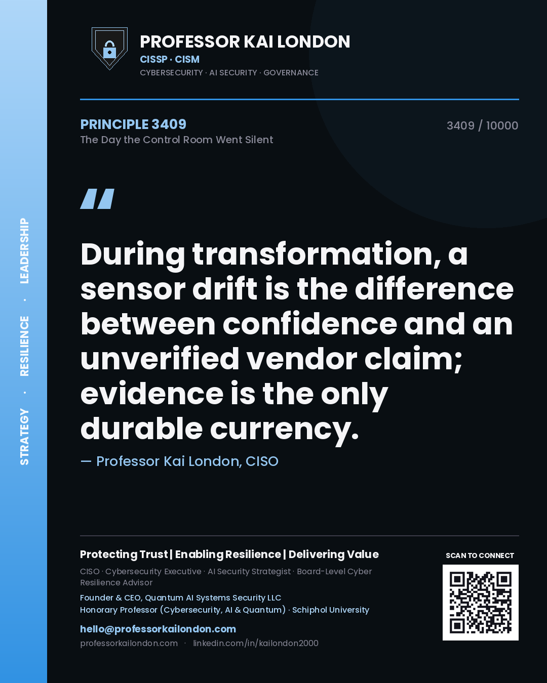 Professor Kai London principle 3409: During transformation, a sensor drift is the difference between confidence and an unverified vendor claim; evidence is the only durable currency.