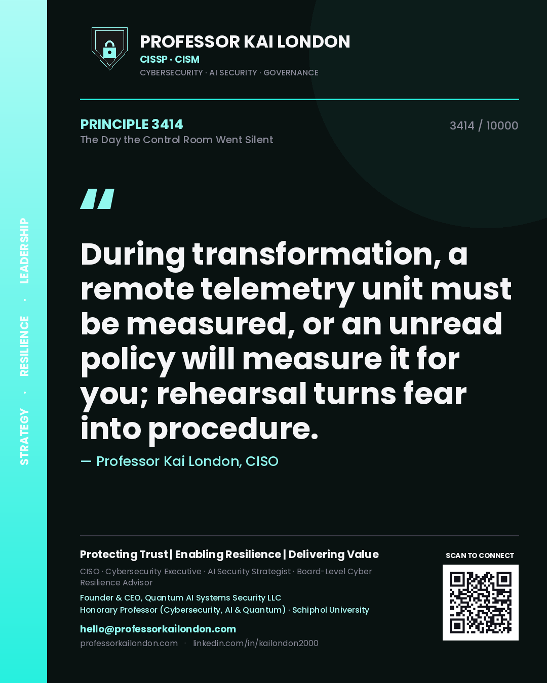Professor Kai London principle 3414: During transformation, a remote telemetry unit must be measured, or an unread policy will measure it for you; rehearsal turns fear into procedure.