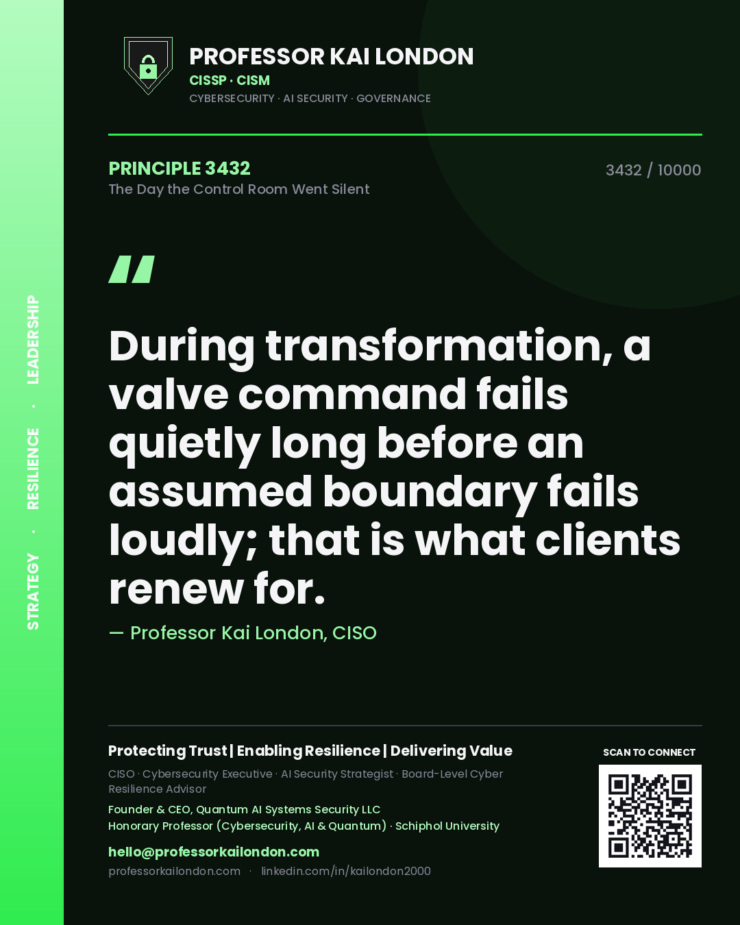 Professor Kai London principle 3432: During transformation, a valve command fails quietly long before an assumed boundary fails loudly; that is what clients renew for.