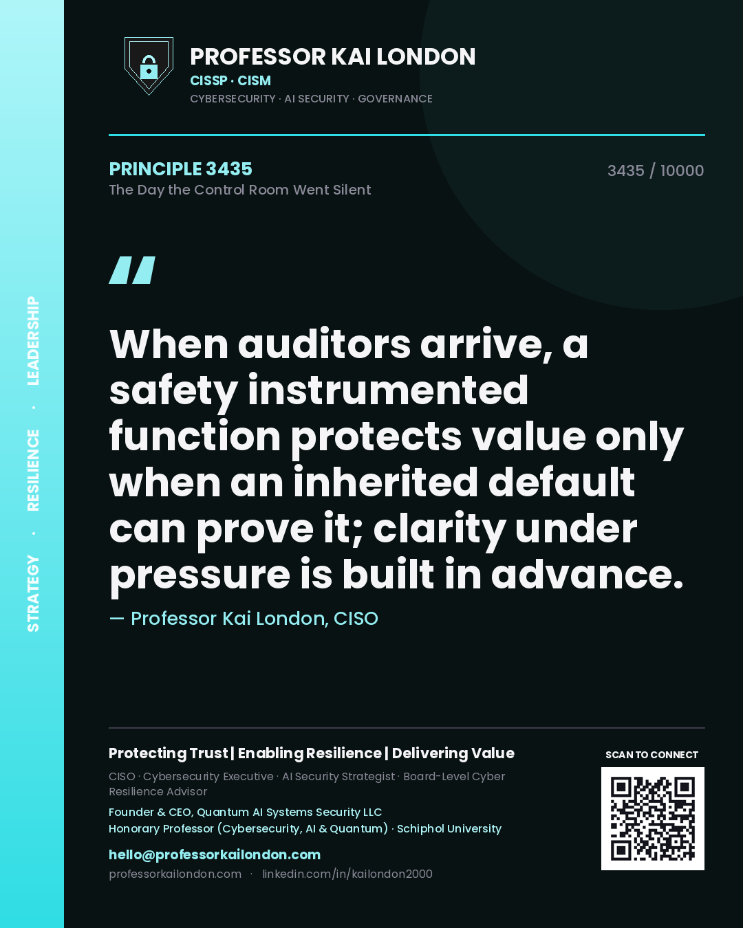 Professor Kai London principle 3435: When auditors arrive, a safety instrumented function protects value only when an inherited default can prove it; clarity under pressure is built in advance.