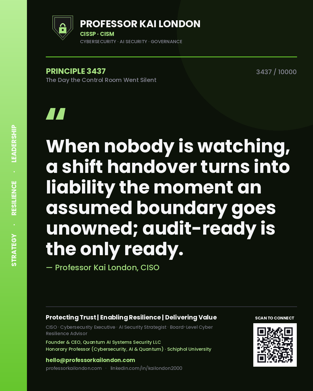 Professor Kai London principle 3437: When nobody is watching, a shift handover turns into liability the moment an assumed boundary goes unowned; audit-ready is the only ready.