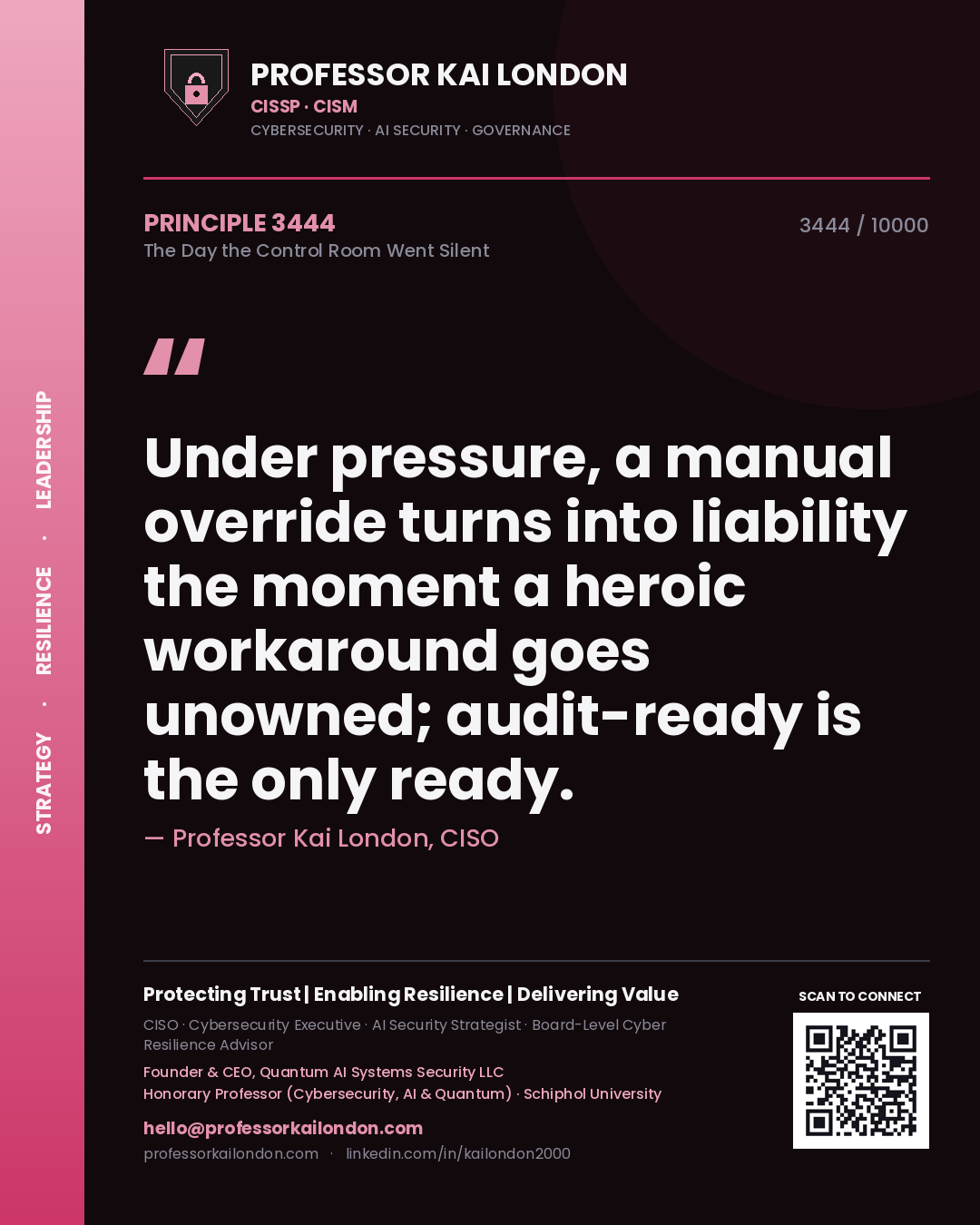 Professor Kai London principle 3444: Under pressure, a manual override turns into liability the moment a heroic workaround goes unowned; audit-ready is the only ready.