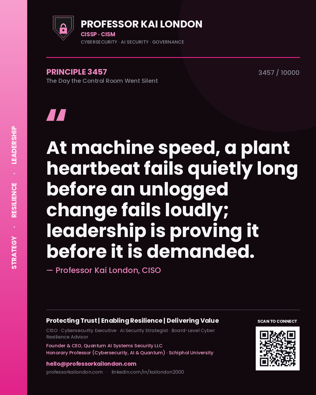 Professor Kai London principle 3457: At machine speed, a plant heartbeat fails quietly long before an unlogged change fails loudly; leadership is proving it before it is demanded.