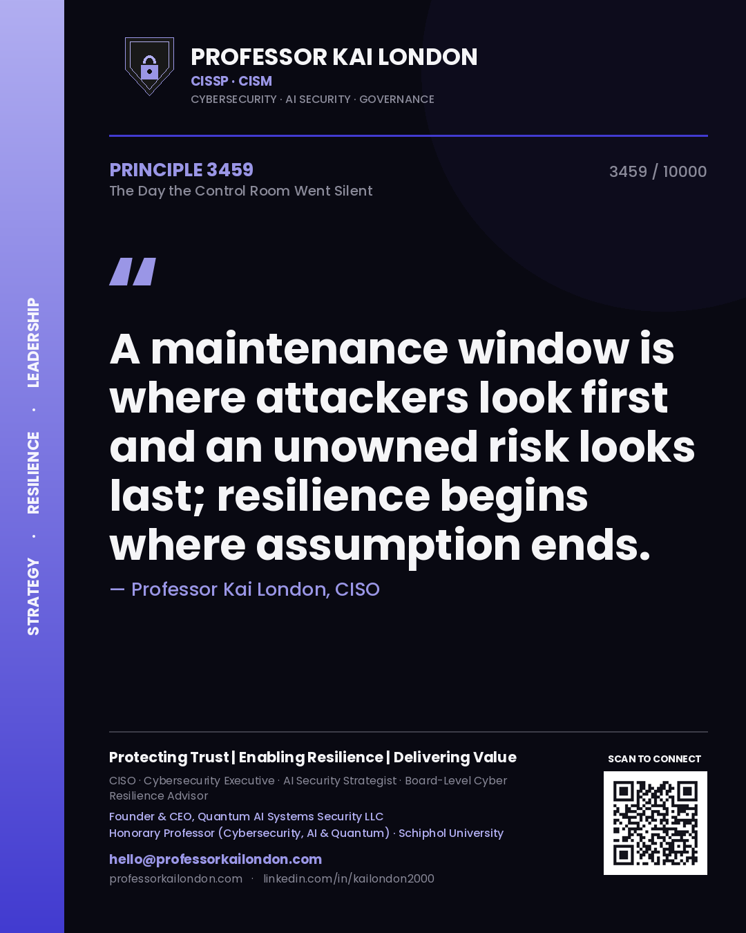 Professor Kai London principle 3459: A maintenance window is where attackers look first and an unowned risk looks last; resilience begins where assumption ends.