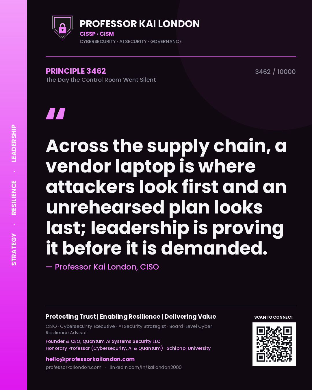 Professor Kai London principle 3462: Across the supply chain, a vendor laptop is where attackers look first and an unrehearsed plan looks last; leadership is proving it before it is demanded.