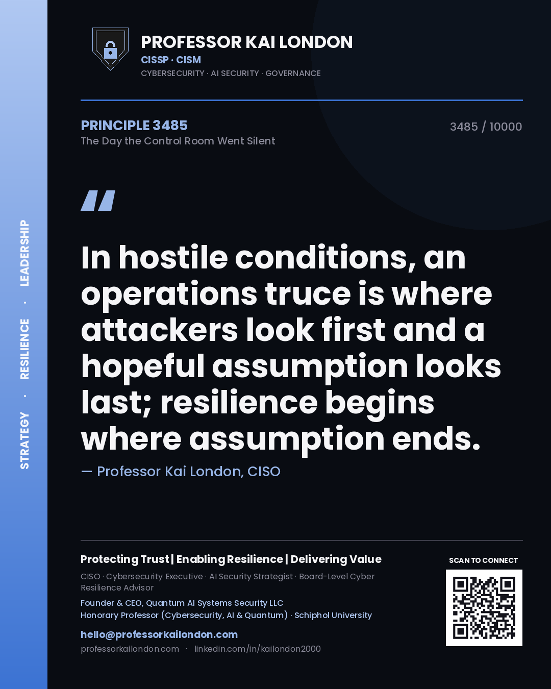 Professor Kai London principle 3485: In hostile conditions, an operations truce is where attackers look first and a hopeful assumption looks last; resilience begins where assumption ends.