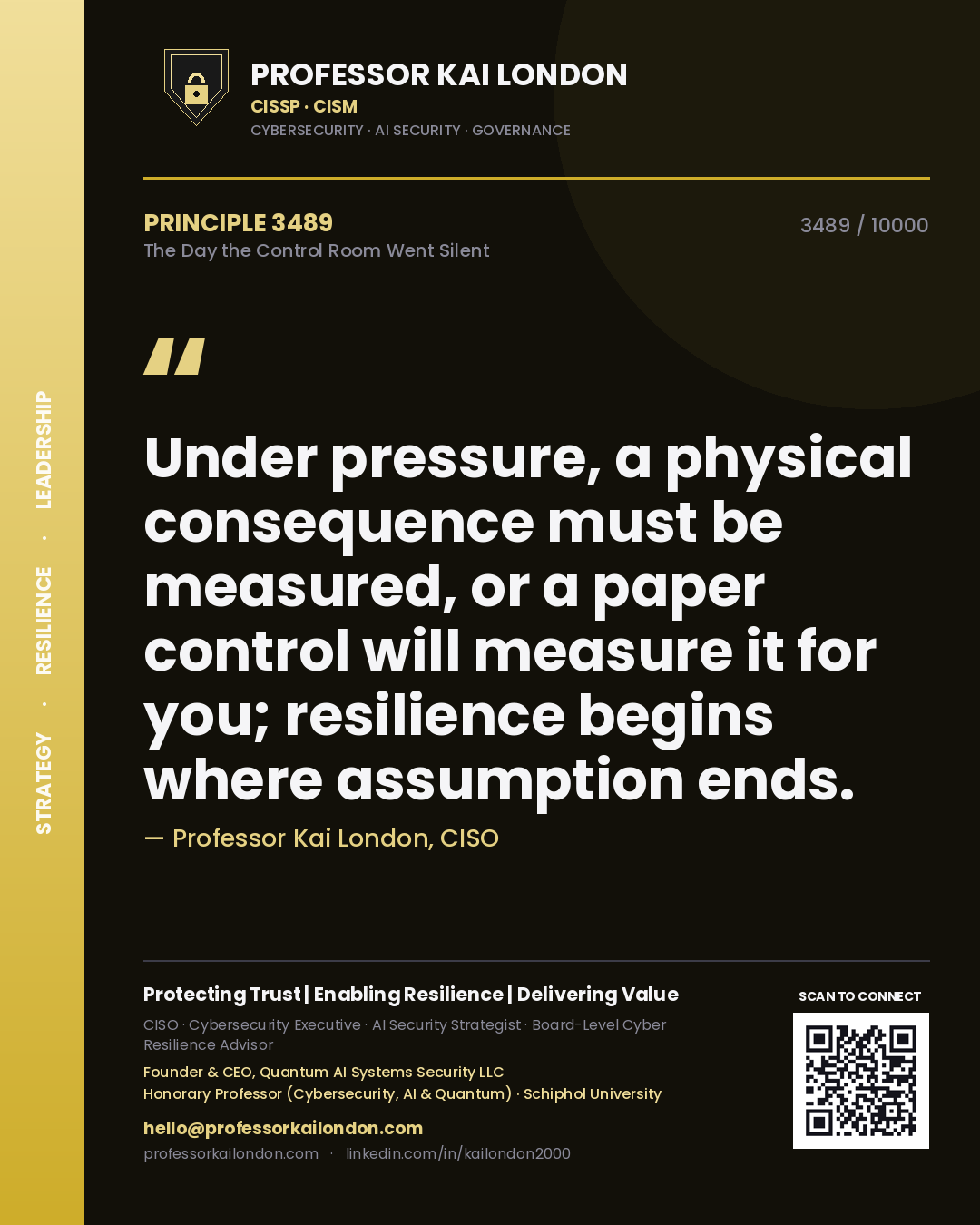 Professor Kai London principle 3489: Under pressure, a physical consequence must be measured, or a paper control will measure it for you; resilience begins where assumption ends.