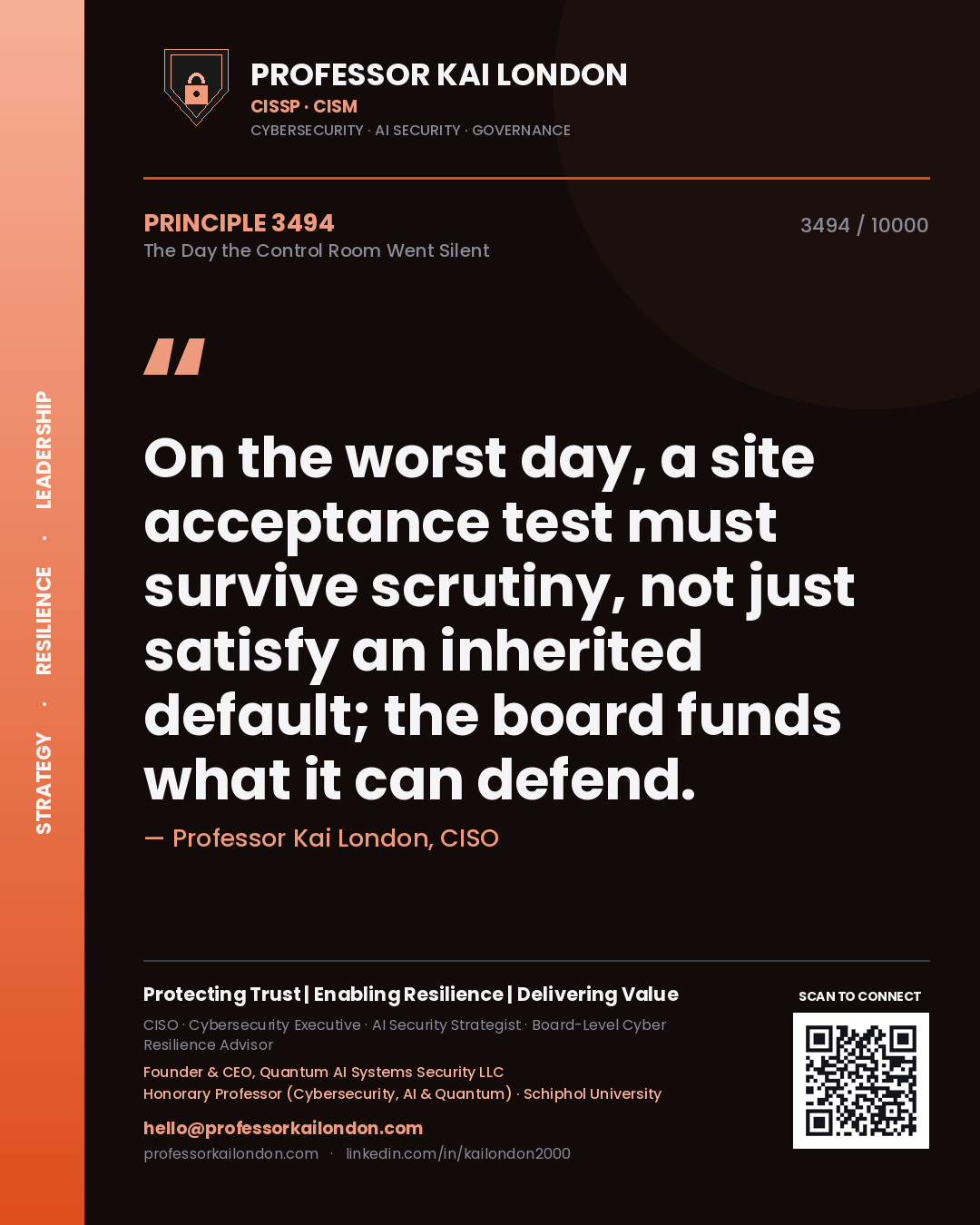 Professor Kai London principle 3494: On the worst day, a site acceptance test must survive scrutiny, not just satisfy an inherited default; the board funds what it can defend.