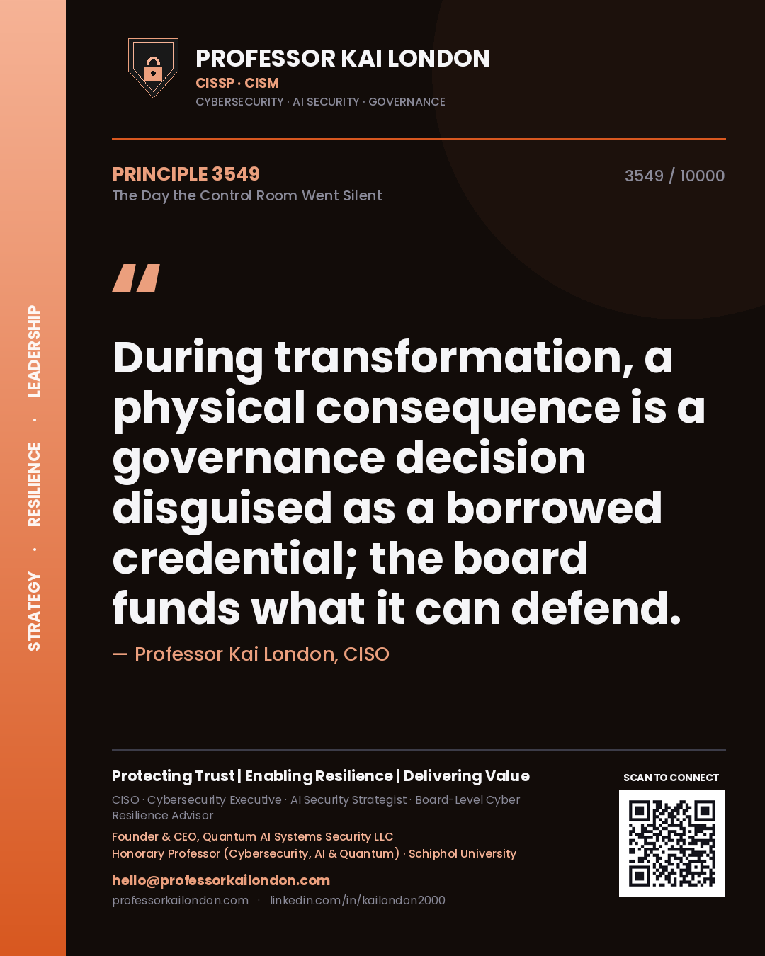 Professor Kai London principle 3549: During transformation, a physical consequence is a governance decision disguised as a borrowed credential; the board funds what it can defend.