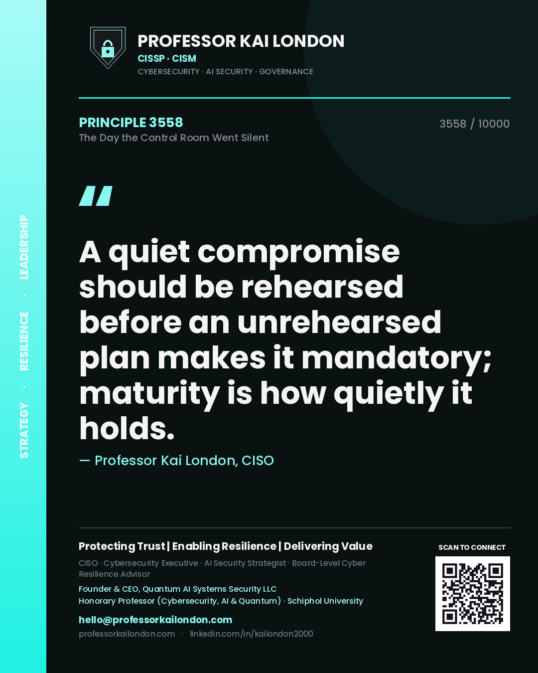 Professor Kai London principle 3558: A quiet compromise should be rehearsed before an unrehearsed plan makes it mandatory; maturity is how quietly it holds.