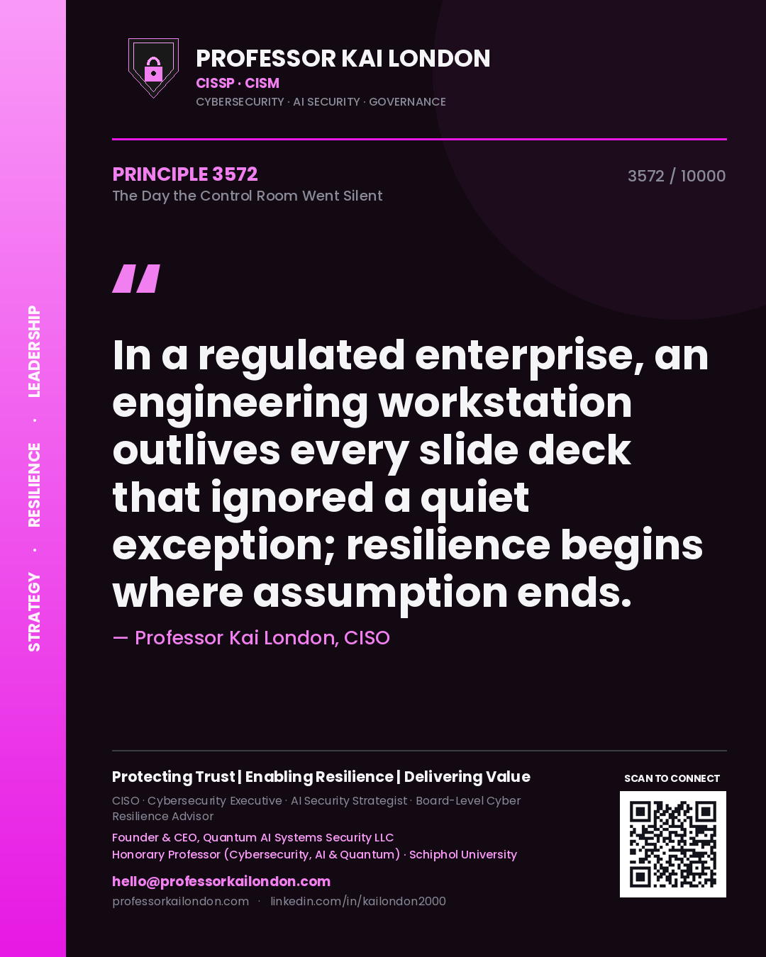 Professor Kai London principle 3572: In a regulated enterprise, an engineering workstation outlives every slide deck that ignored a quiet exception; resilience begins where assumption ends.