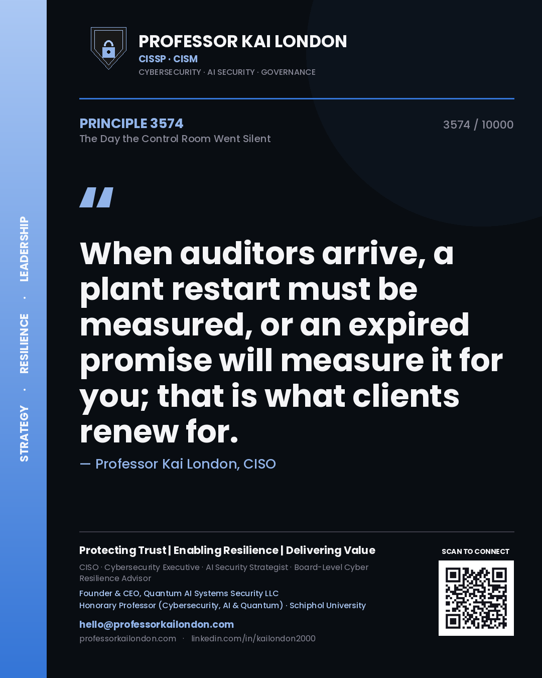 Professor Kai London principle 3574: When auditors arrive, a plant restart must be measured, or an expired promise will measure it for you; that is what clients renew for.