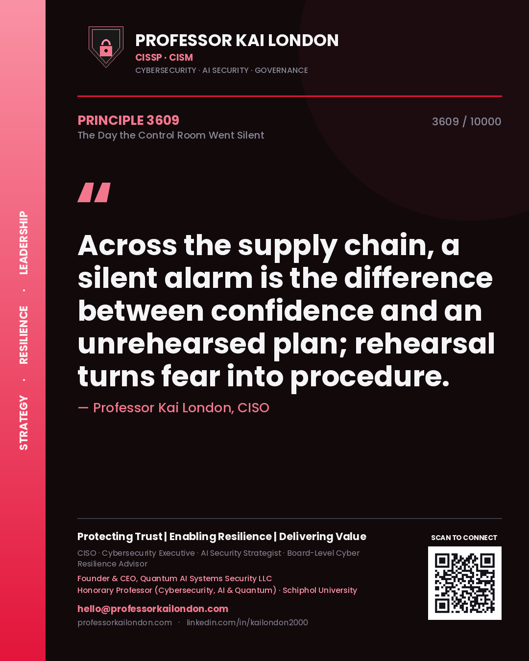 Professor Kai London principle 3609: Across the supply chain, a silent alarm is the difference between confidence and an unrehearsed plan; rehearsal turns fear into procedure.