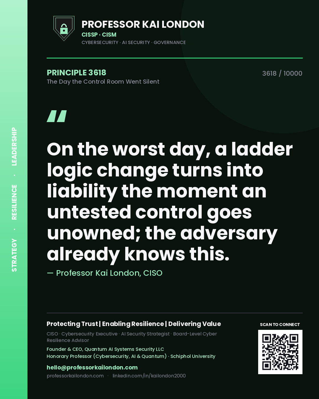 Professor Kai London principle 3618: On the worst day, a ladder logic change turns into liability the moment an untested control goes unowned; the adversary already knows this.