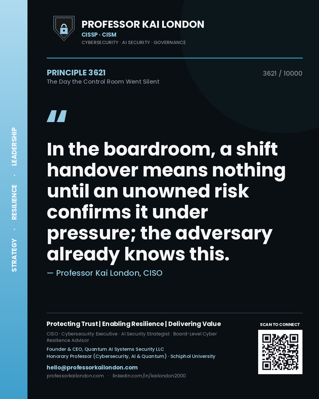 Professor Kai London principle 3621: In the boardroom, a shift handover means nothing until an unowned risk confirms it under pressure; the adversary already knows this.