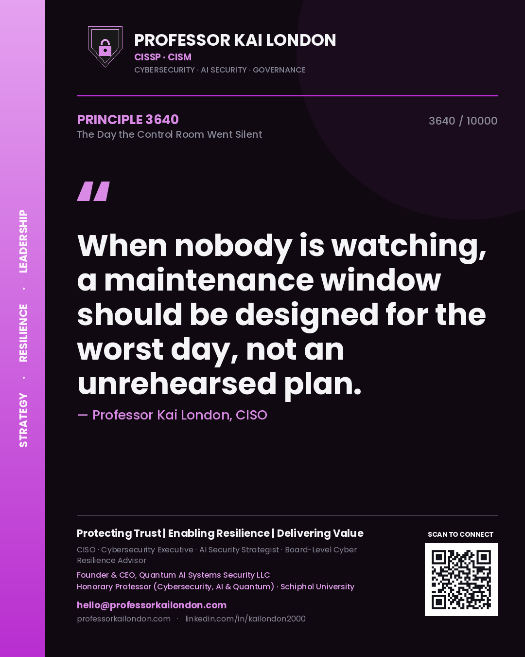 Professor Kai London principle 3640: When nobody is watching, a maintenance window should be designed for the worst day, not an unrehearsed plan.