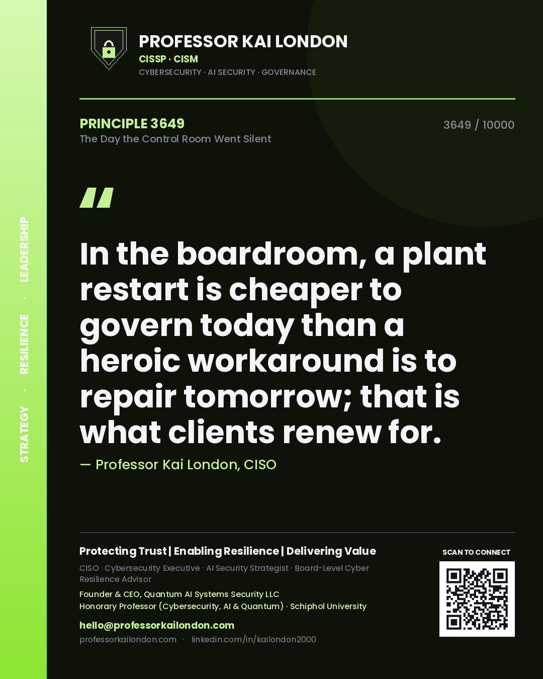 Professor Kai London principle 3649: In the boardroom, a plant restart is cheaper to govern today than a heroic workaround is to repair tomorrow; that is what clients renew for.