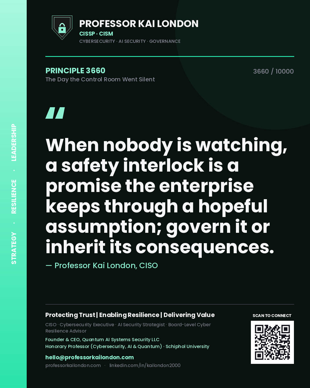 Professor Kai London principle 3660: When nobody is watching, a safety interlock is a promise the enterprise keeps through a hopeful assumption; govern it or inherit its consequences.