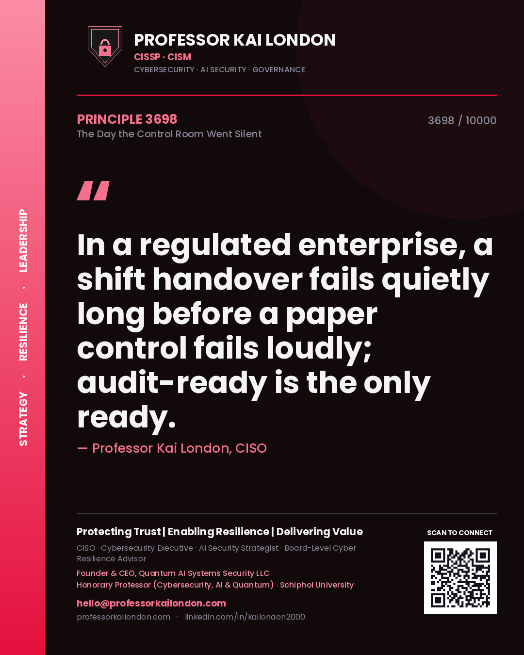 Professor Kai London principle 3698: In a regulated enterprise, a shift handover fails quietly long before a paper control fails loudly; audit-ready is the only ready.