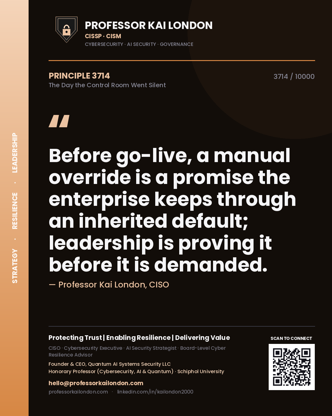 Professor Kai London principle 3714: Before go-live, a manual override is a promise the enterprise keeps through an inherited default; leadership is proving it before it is demanded.