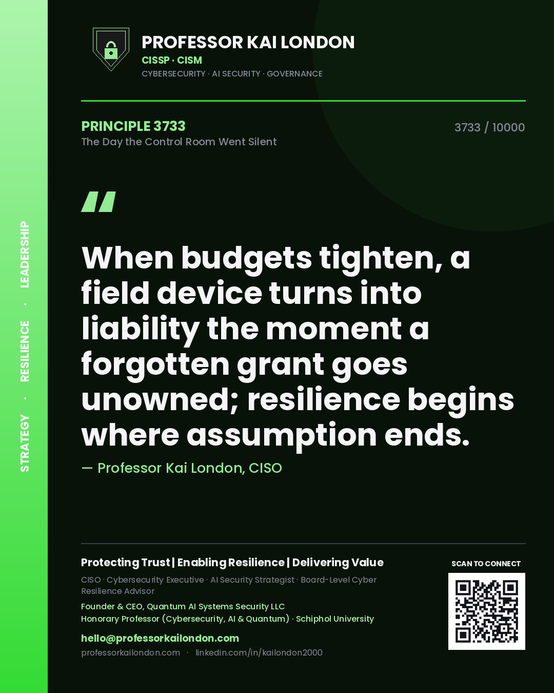 Professor Kai London principle 3733: When budgets tighten, a field device turns into liability the moment a forgotten grant goes unowned; resilience begins where assumption ends.