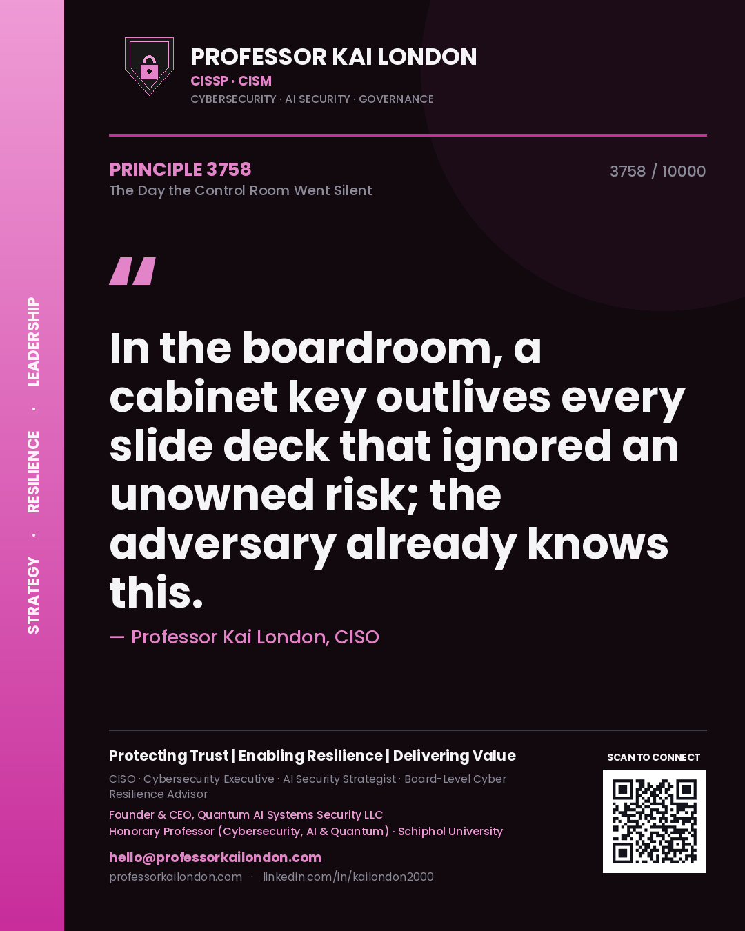 Professor Kai London principle 3758: In the boardroom, a cabinet key outlives every slide deck that ignored an unowned risk; the adversary already knows this.
