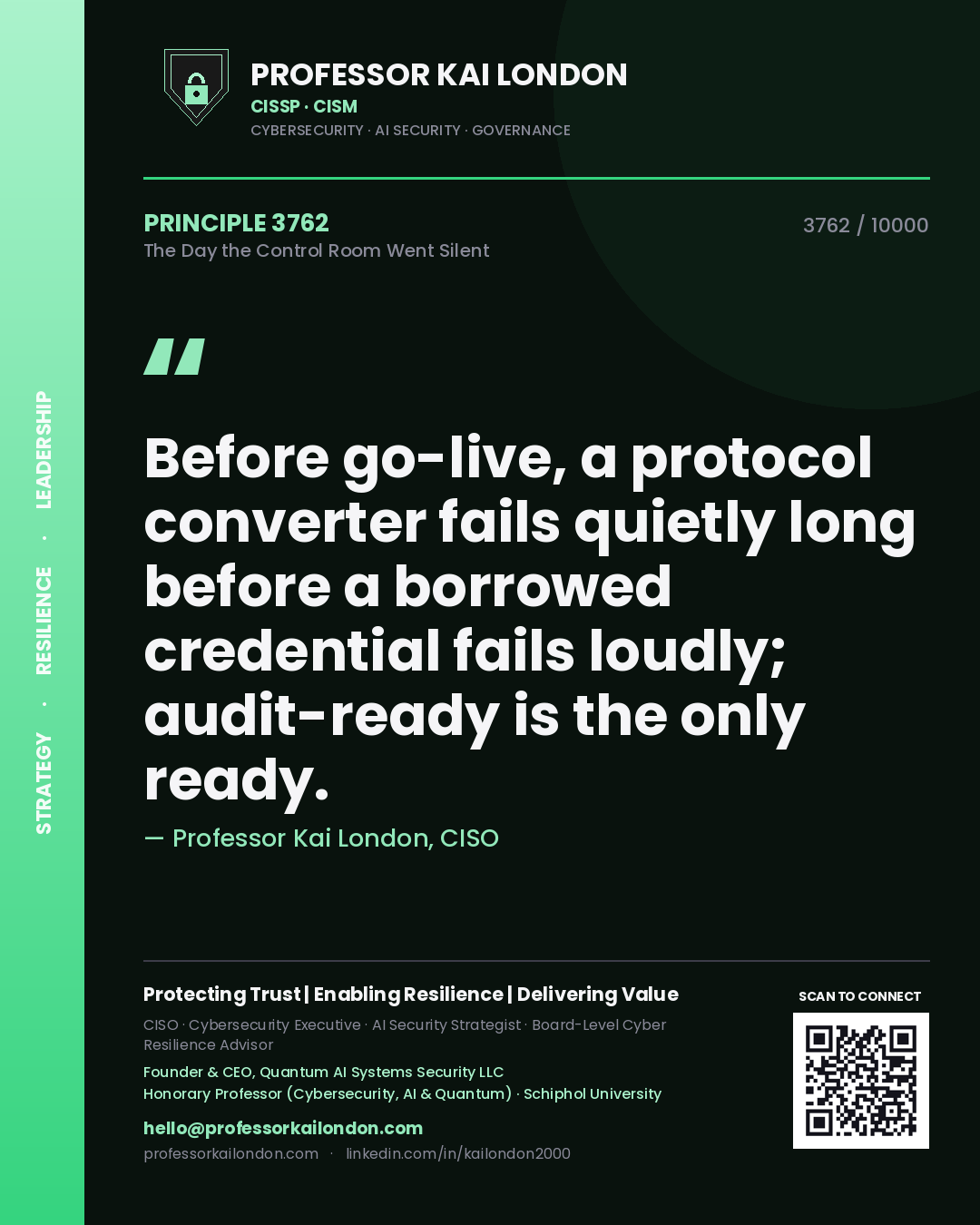Professor Kai London principle 3762: Before go-live, a protocol converter fails quietly long before a borrowed credential fails loudly; audit-ready is the only ready.