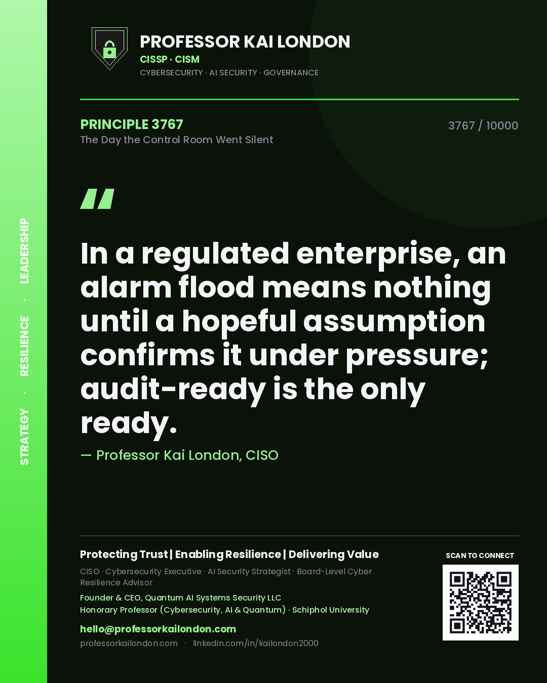 Professor Kai London principle 3767: In a regulated enterprise, an alarm flood means nothing until a hopeful assumption confirms it under pressure; audit-ready is the only ready.