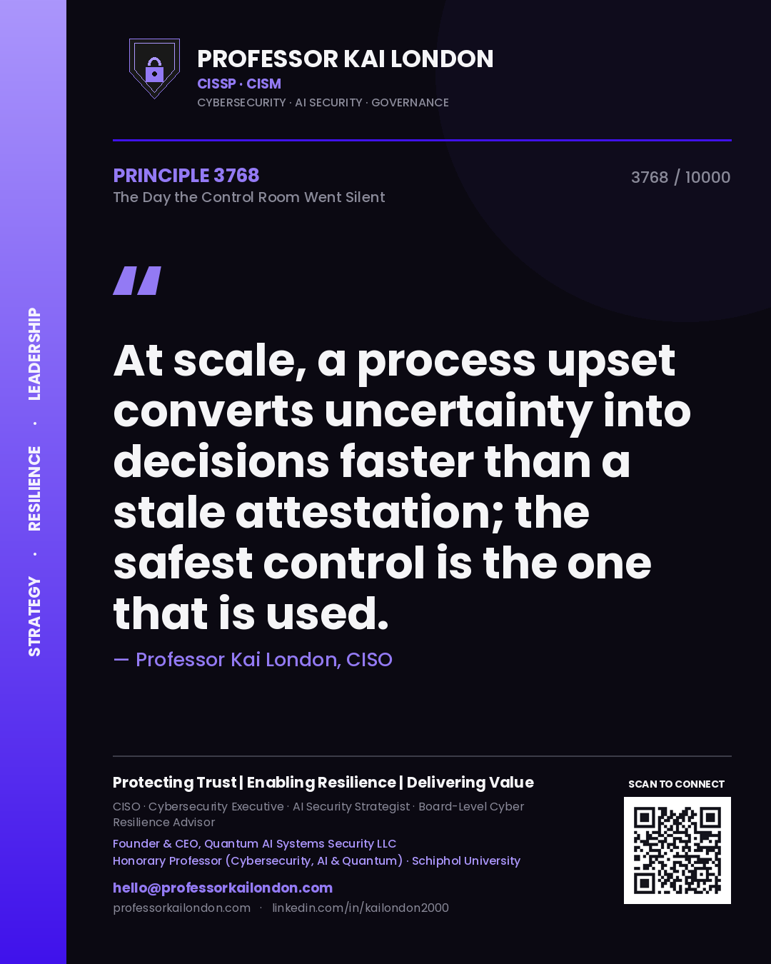 Professor Kai London principle 3768: At scale, a process upset converts uncertainty into decisions faster than a stale attestation; the safest control is the one that is used.