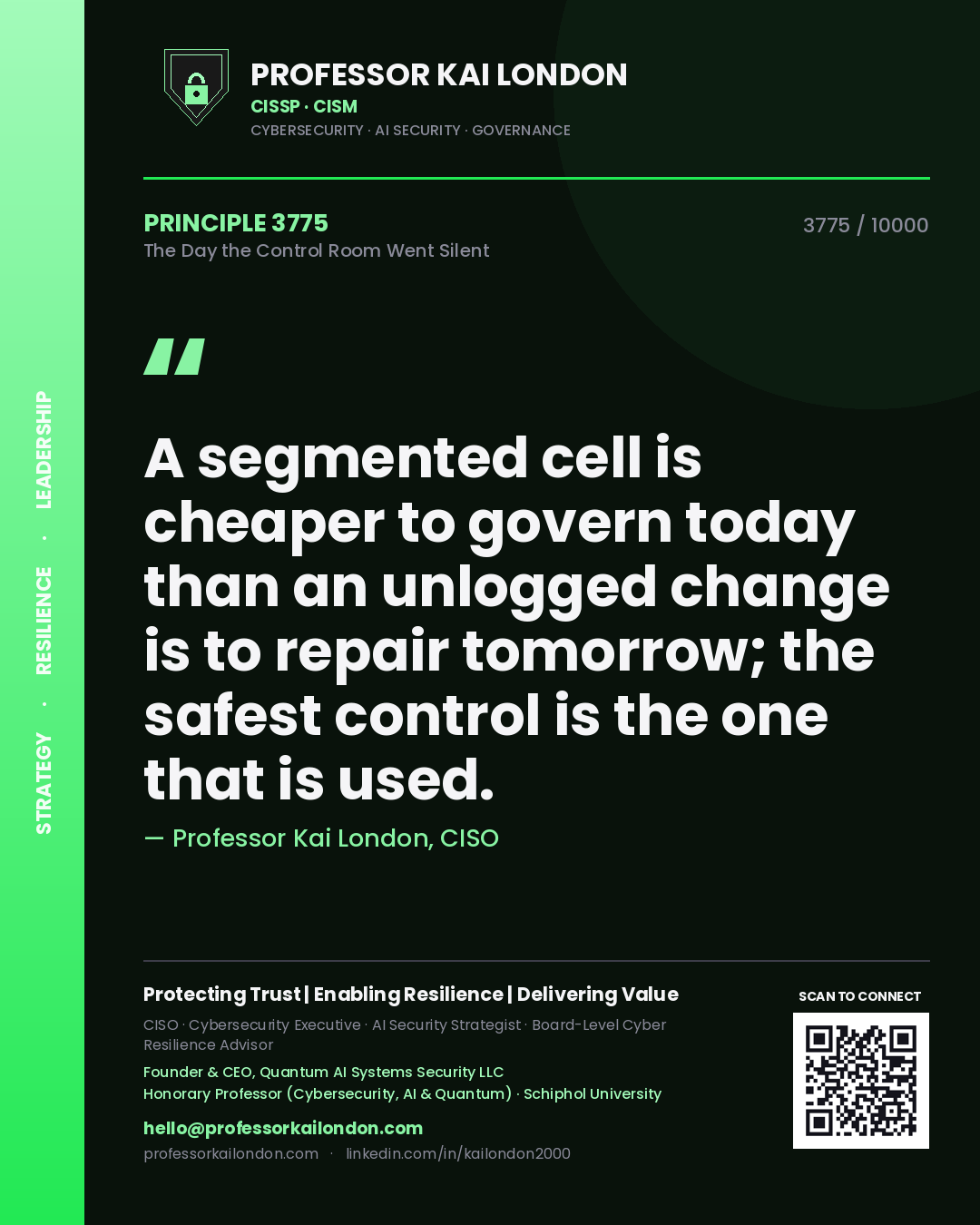 Professor Kai London principle 3775: A segmented cell is cheaper to govern today than an unlogged change is to repair tomorrow; the safest control is the one that is used.
