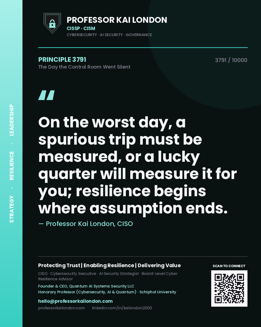 Professor Kai London principle 3791: On the worst day, a spurious trip must be measured, or a lucky quarter will measure it for you; resilience begins where assumption ends.