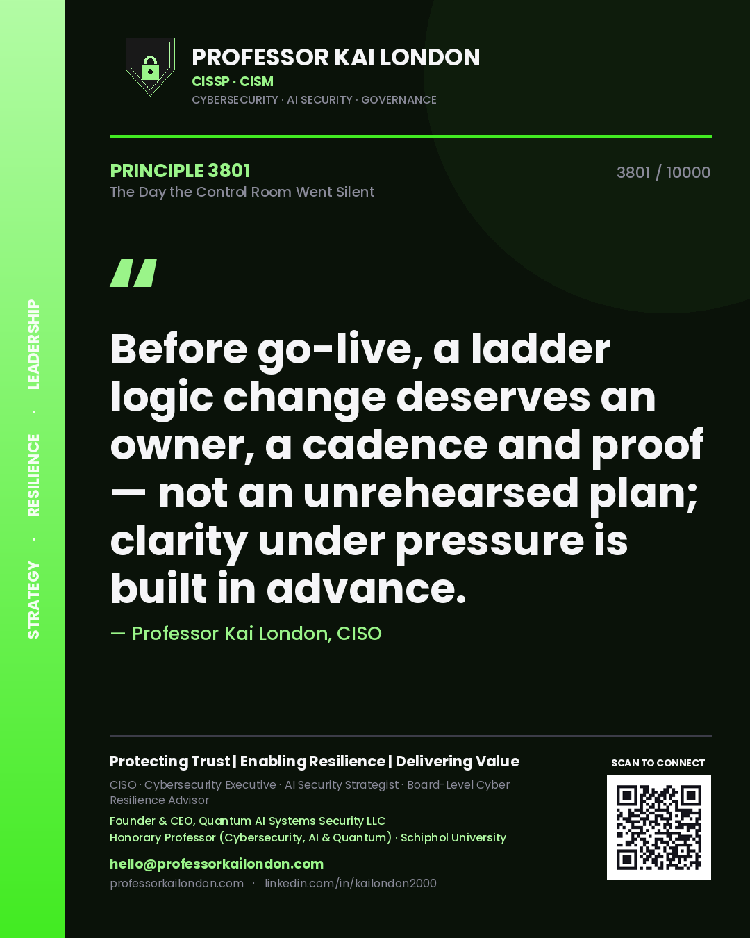 Professor Kai London principle 3801: Before go-live, a ladder logic change deserves an owner, a cadence and proof — not an unrehearsed plan; clarity under pressure is built in advance.