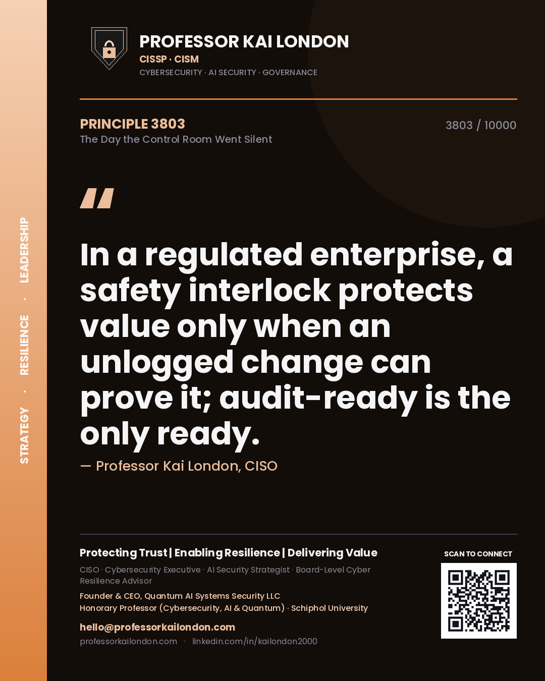 Professor Kai London principle 3803: In a regulated enterprise, a safety interlock protects value only when an unlogged change can prove it; audit-ready is the only ready.