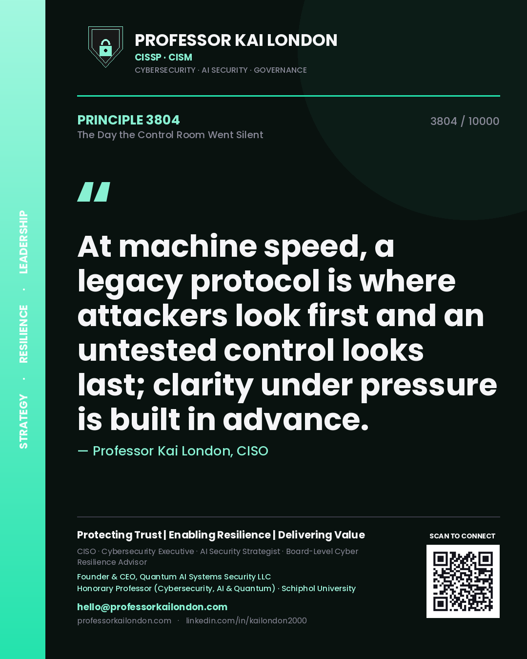 Professor Kai London principle 3804: At machine speed, a legacy protocol is where attackers look first and an untested control looks last; clarity under pressure is built in advance.