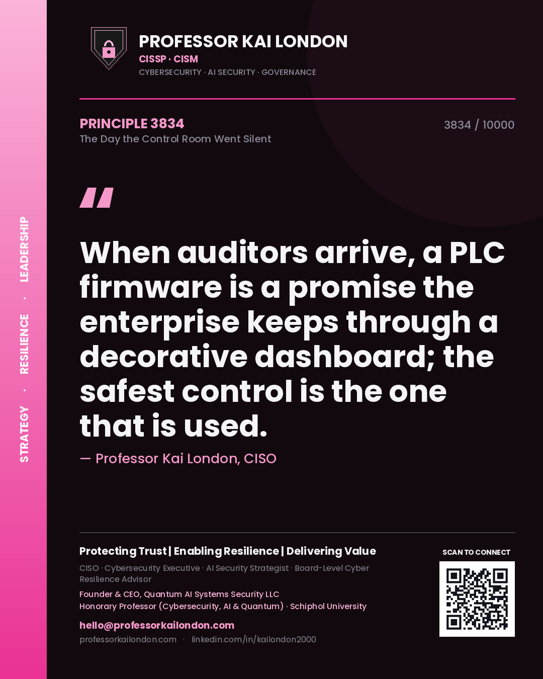 Professor Kai London principle 3834: When auditors arrive, a PLC firmware is a promise the enterprise keeps through a decorative dashboard; the safest control is the one that is used.