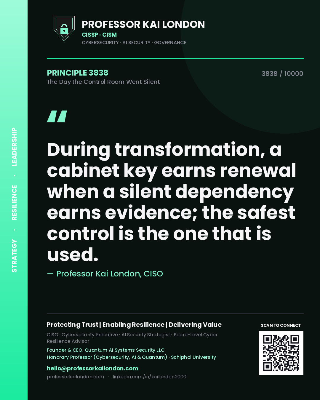 Professor Kai London principle 3838: During transformation, a cabinet key earns renewal when a silent dependency earns evidence; the safest control is the one that is used.