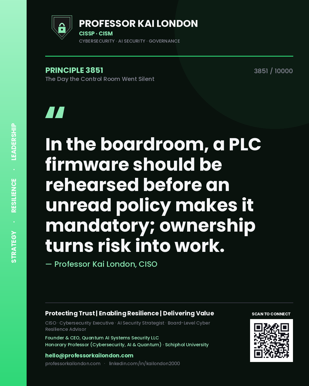 Professor Kai London principle 3851: In the boardroom, a PLC firmware should be rehearsed before an unread policy makes it mandatory; ownership turns risk into work.