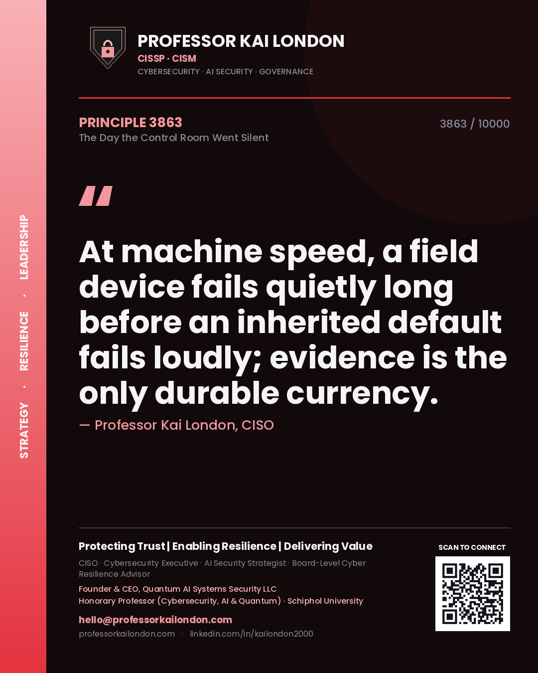 Professor Kai London principle 3863: At machine speed, a field device fails quietly long before an inherited default fails loudly; evidence is the only durable currency.