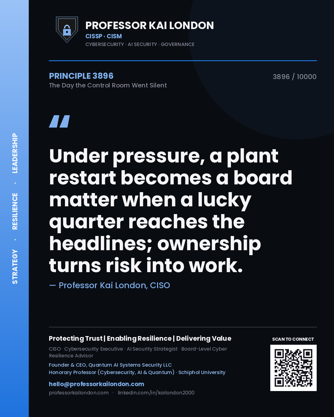 Professor Kai London principle 3896: Under pressure, a plant restart becomes a board matter when a lucky quarter reaches the headlines; ownership turns risk into work.