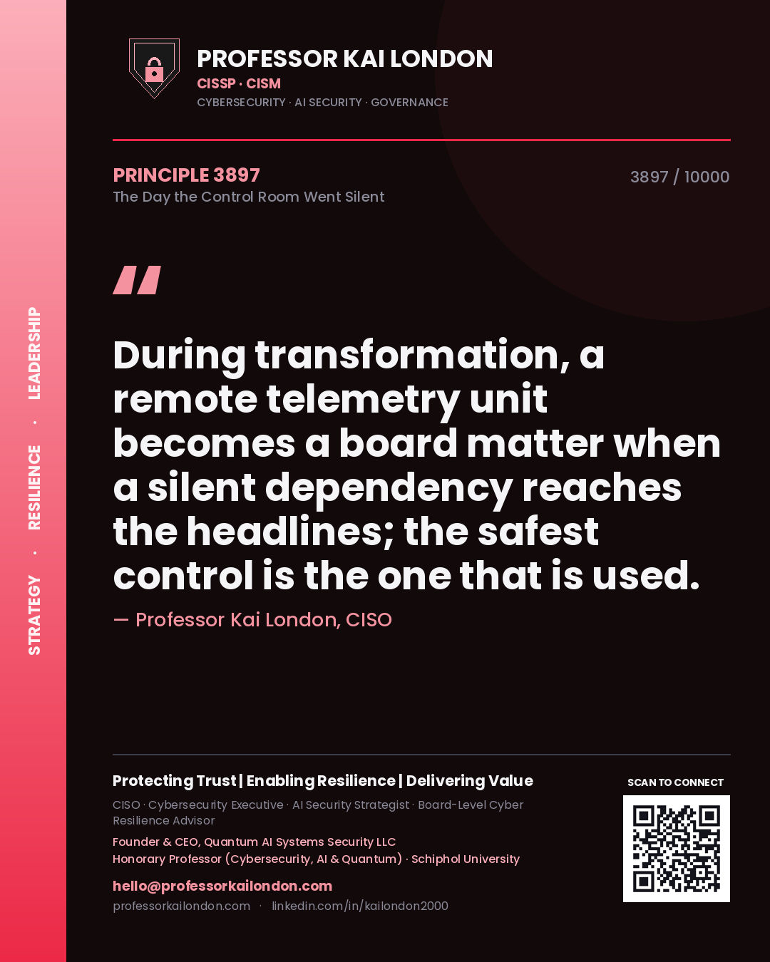 Professor Kai London principle 3897: During transformation, a remote telemetry unit becomes a board matter when a silent dependency reaches the headlines; the safest control is the one that is used.