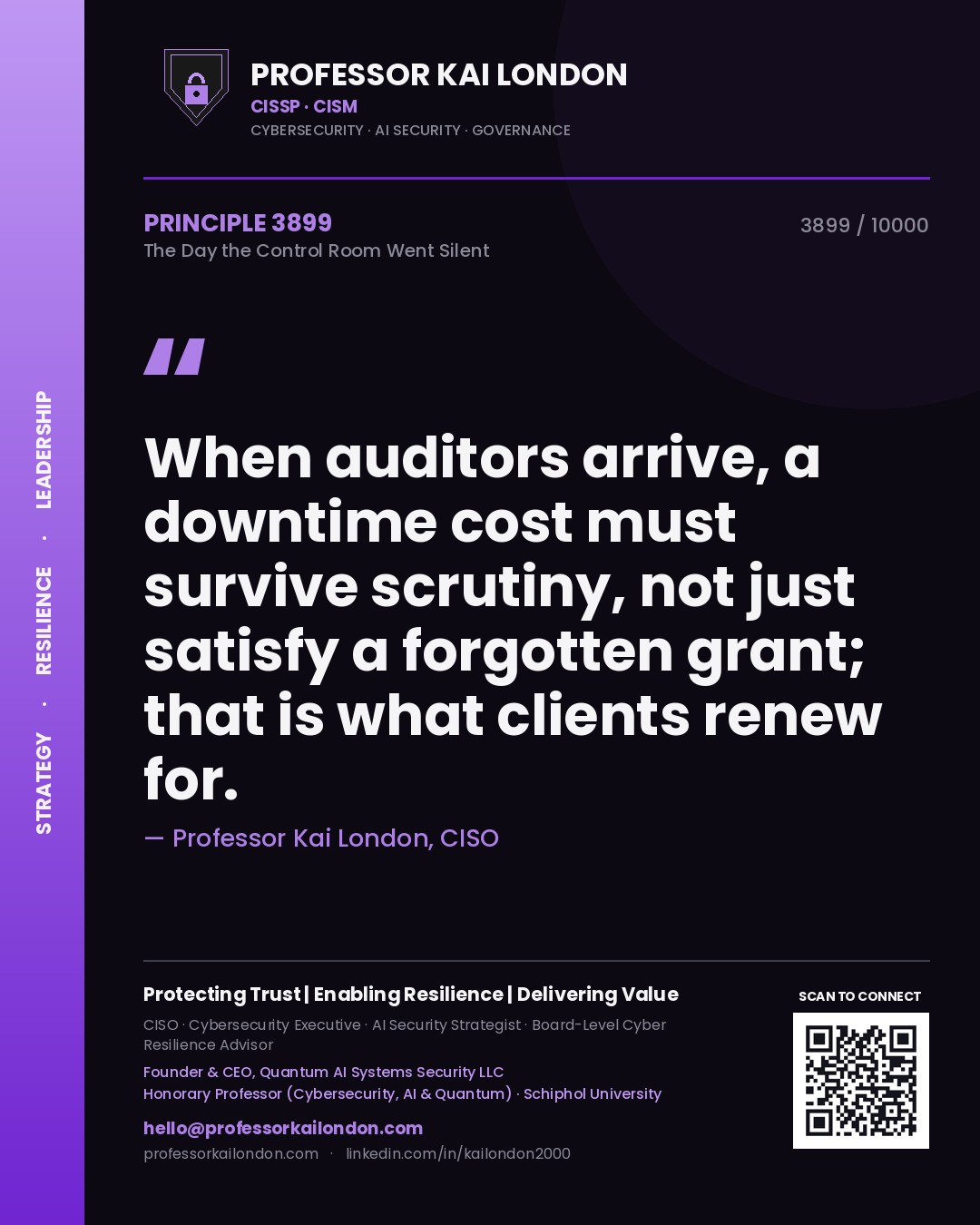 Professor Kai London principle 3899: When auditors arrive, a downtime cost must survive scrutiny, not just satisfy a forgotten grant; that is what clients renew for.