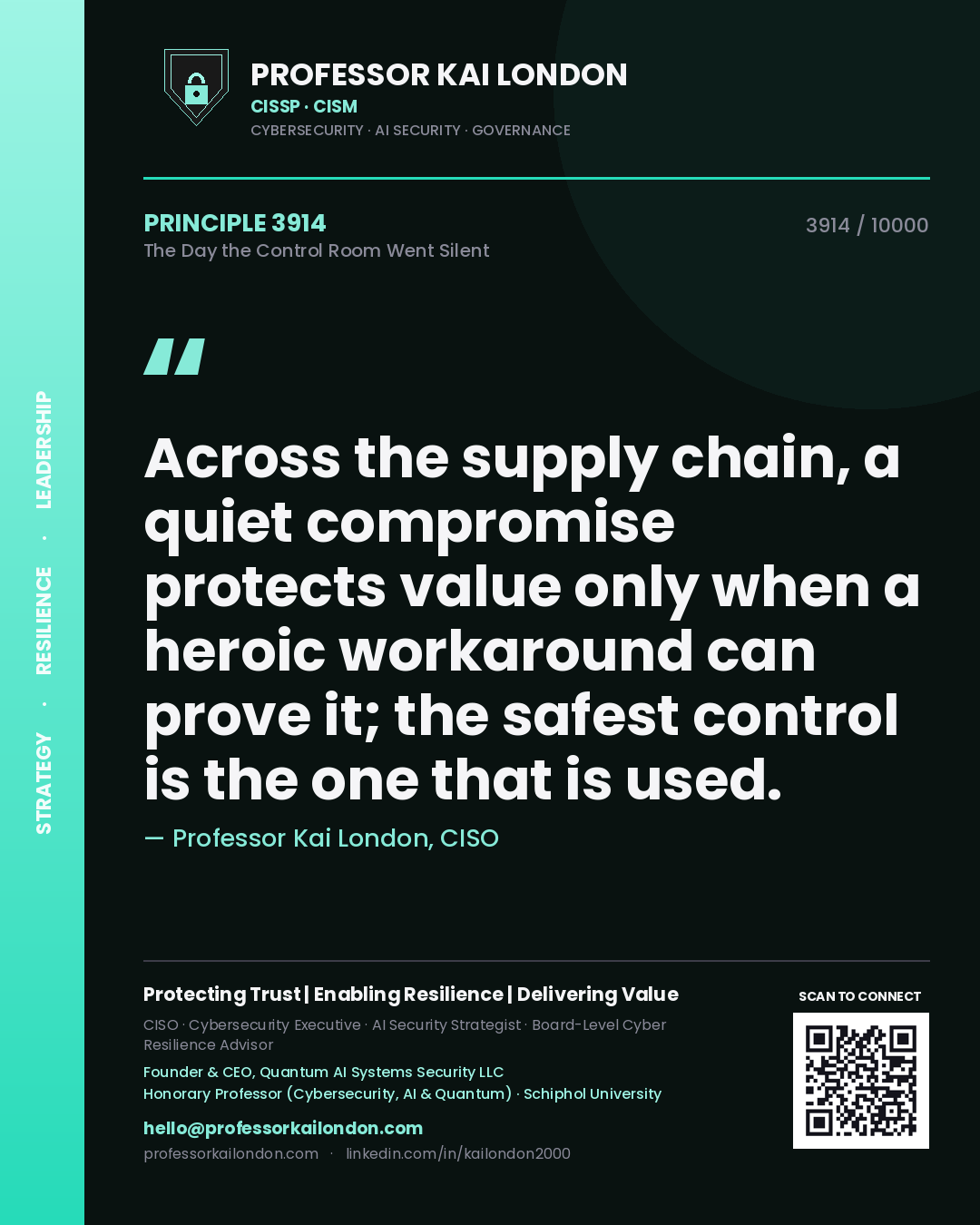Professor Kai London principle 3914: Across the supply chain, a quiet compromise protects value only when a heroic workaround can prove it; the safest control is the one that is used.