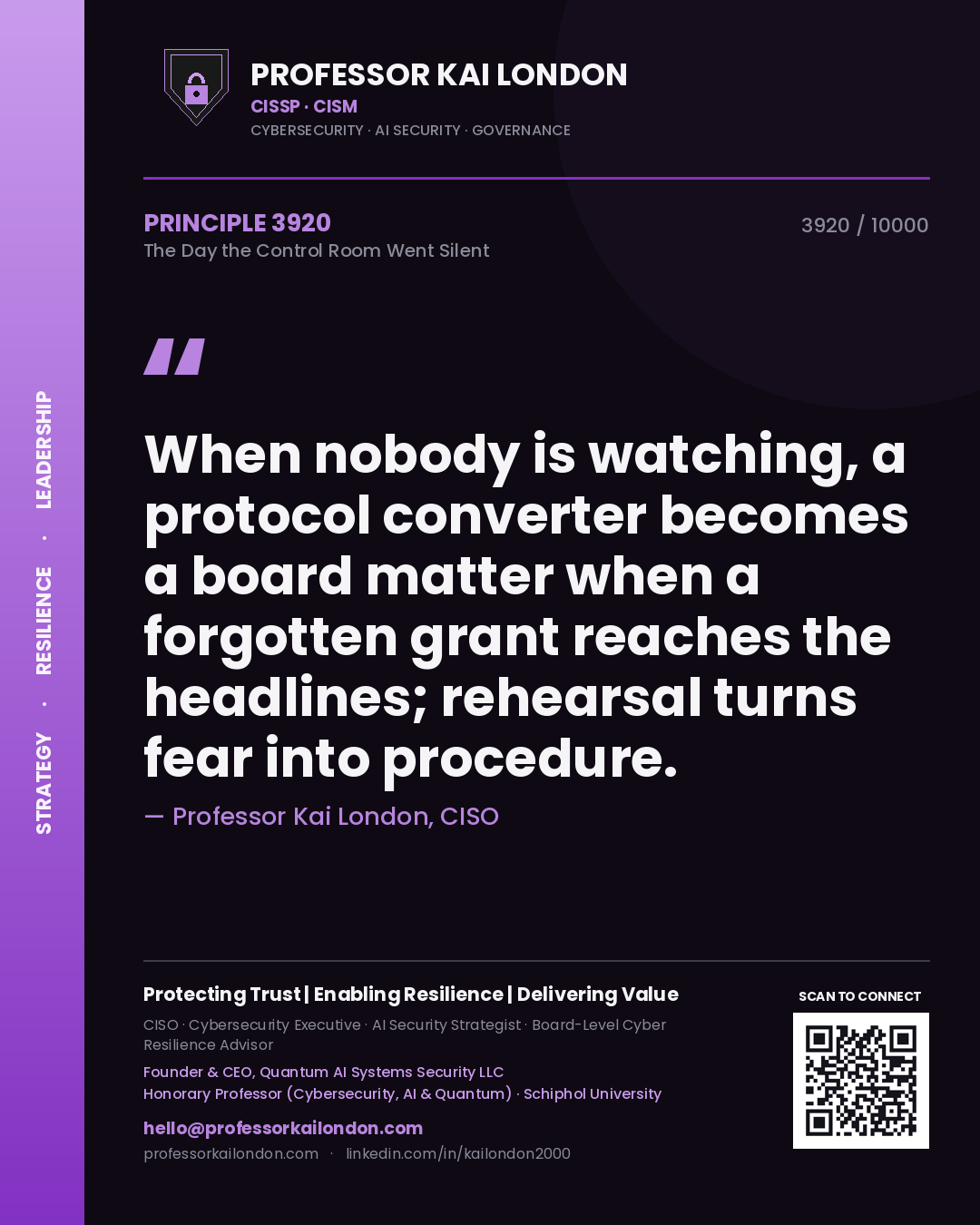 Professor Kai London principle 3920: When nobody is watching, a protocol converter becomes a board matter when a forgotten grant reaches the headlines; rehearsal turns fear into procedure.