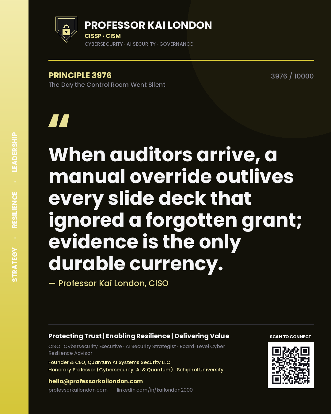 Professor Kai London principle 3976: When auditors arrive, a manual override outlives every slide deck that ignored a forgotten grant; evidence is the only durable currency.