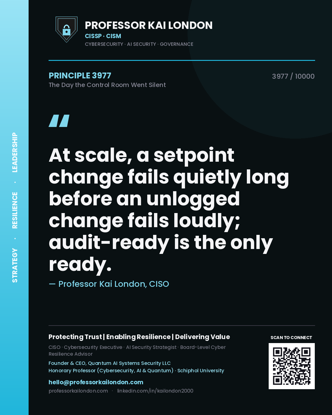Professor Kai London principle 3977: At scale, a setpoint change fails quietly long before an unlogged change fails loudly; audit-ready is the only ready.