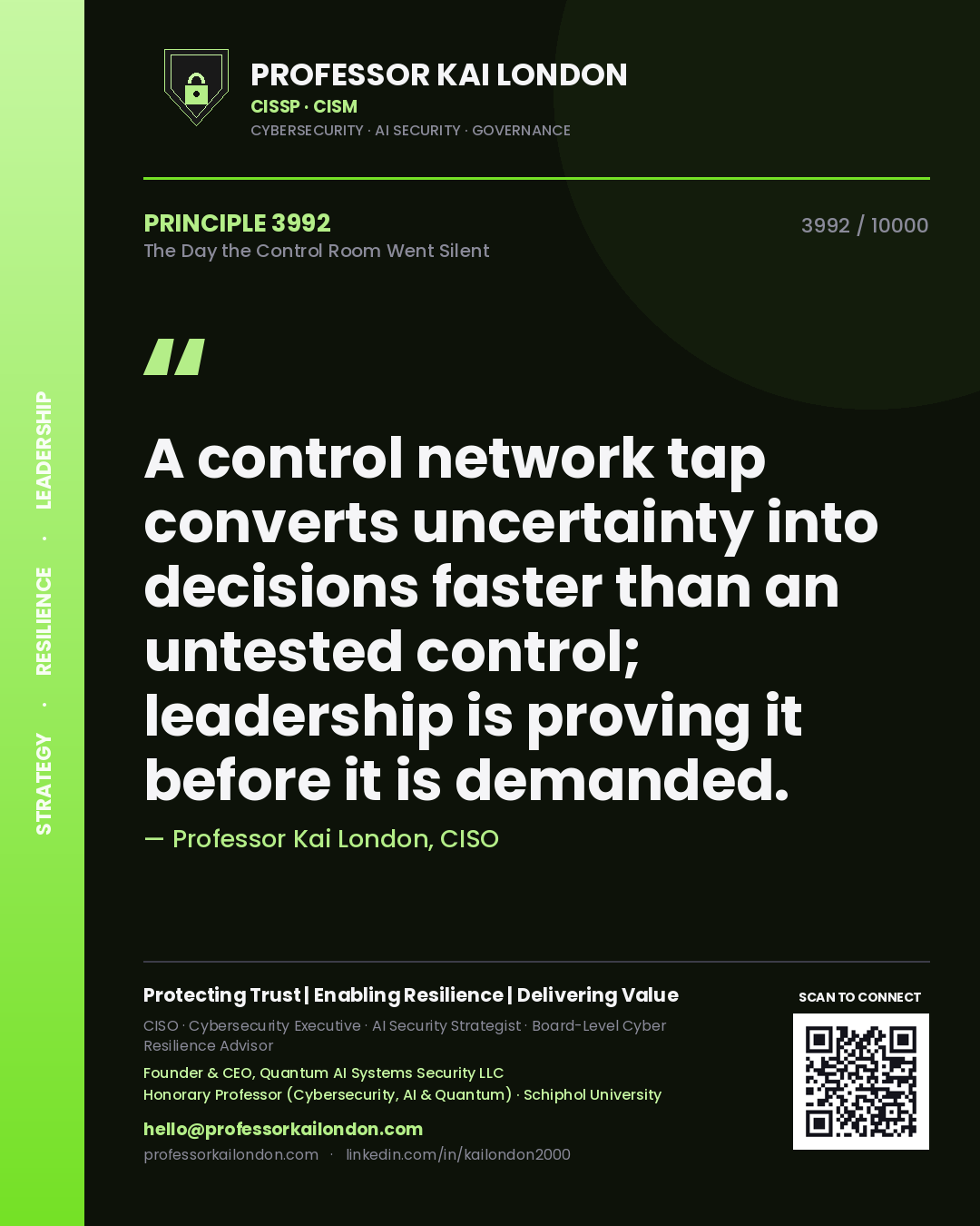 Professor Kai London principle 3992: A control network tap converts uncertainty into decisions faster than an untested control; leadership is proving it before it is demanded.