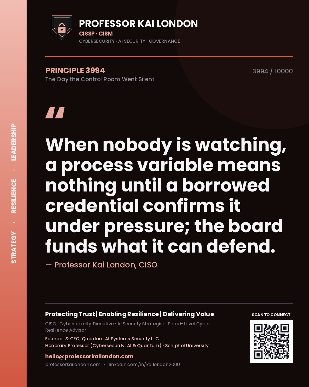 Professor Kai London principle 3994: When nobody is watching, a process variable means nothing until a borrowed credential confirms it under pressure; the board funds what it can defend.