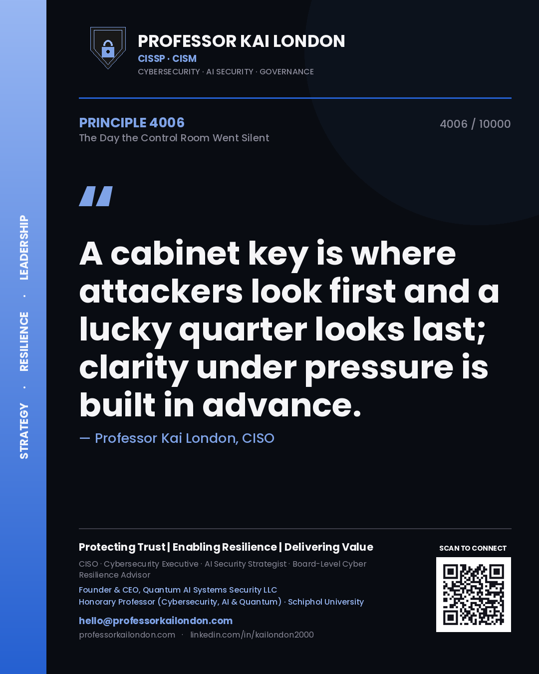 Professor Kai London principle 4006: A cabinet key is where attackers look first and a lucky quarter looks last; clarity under pressure is built in advance.