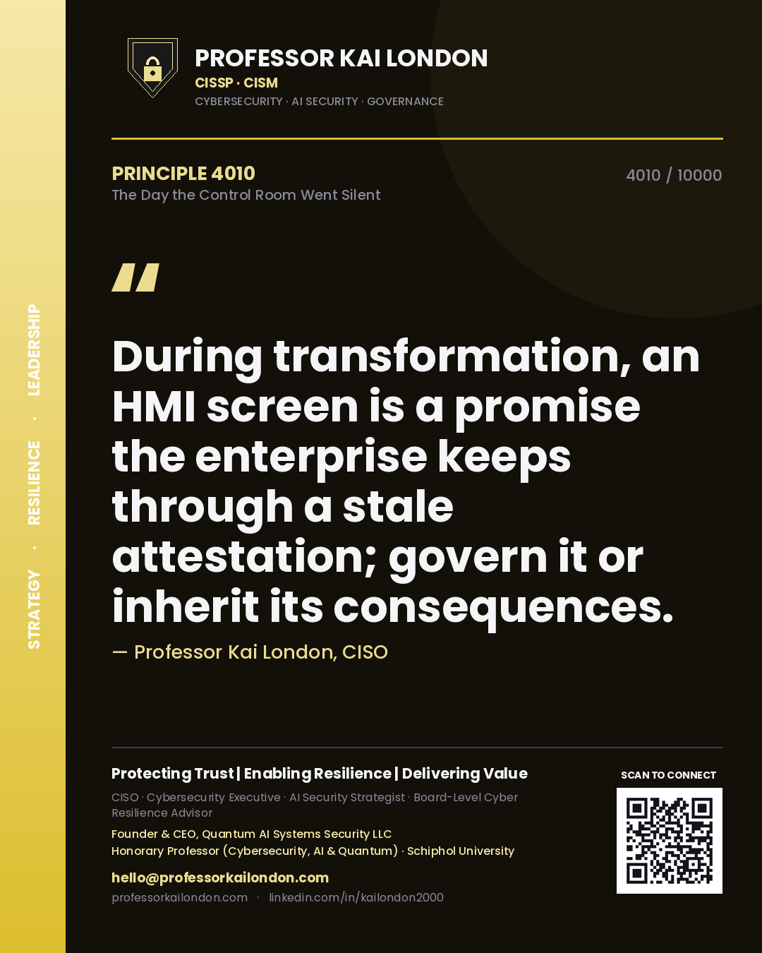 Professor Kai London principle 4010: During transformation, an HMI screen is a promise the enterprise keeps through a stale attestation; govern it or inherit its consequences.