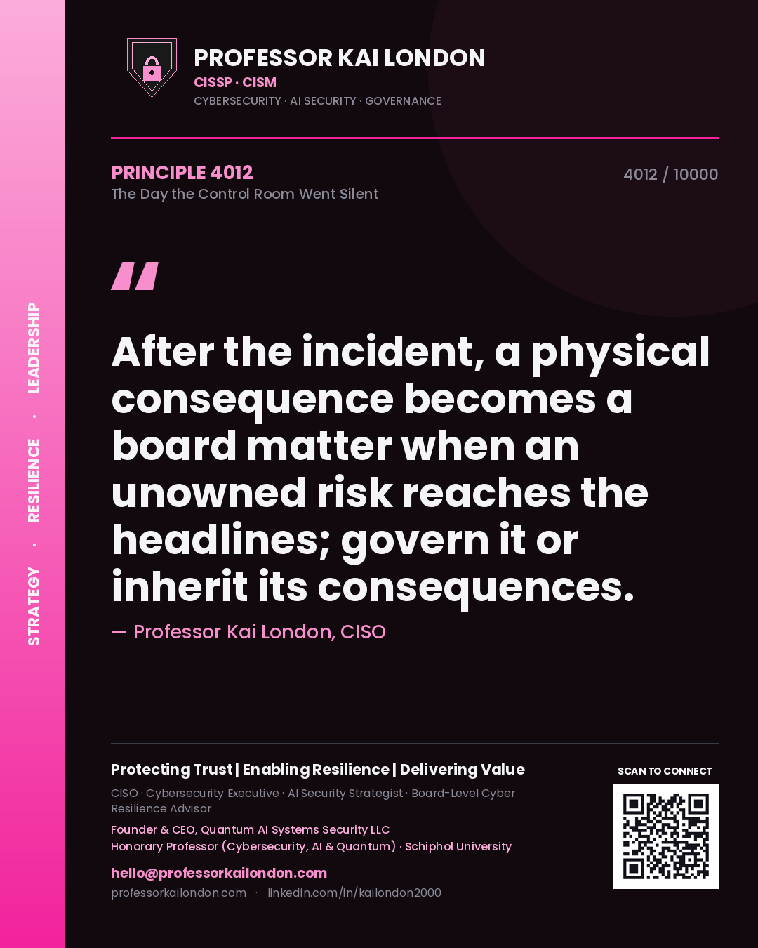 Professor Kai London principle 4012: After the incident, a physical consequence becomes a board matter when an unowned risk reaches the headlines; govern it or inherit its consequences.